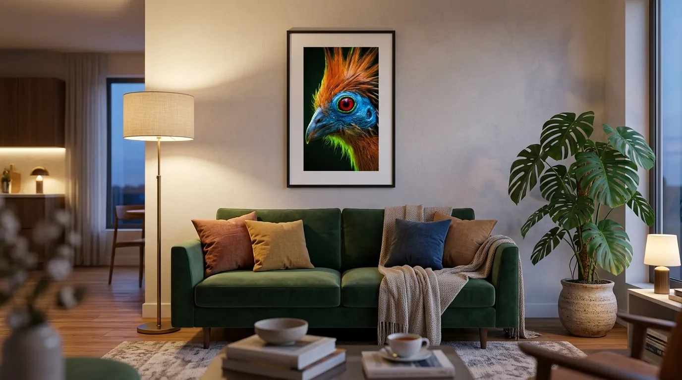 Punk art print framed over the sofa
