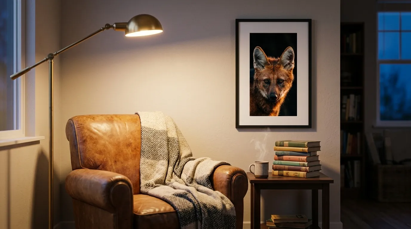 Maned Wolf art print framed by the reading chair